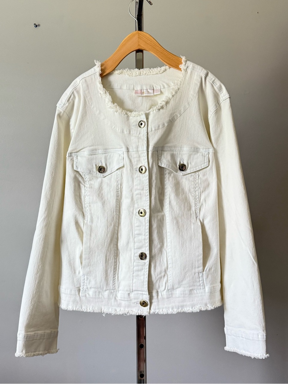 Belle by Kim Gravel White Collarless Frayed Denim Jacket Sz 2X Raw Hem EUC